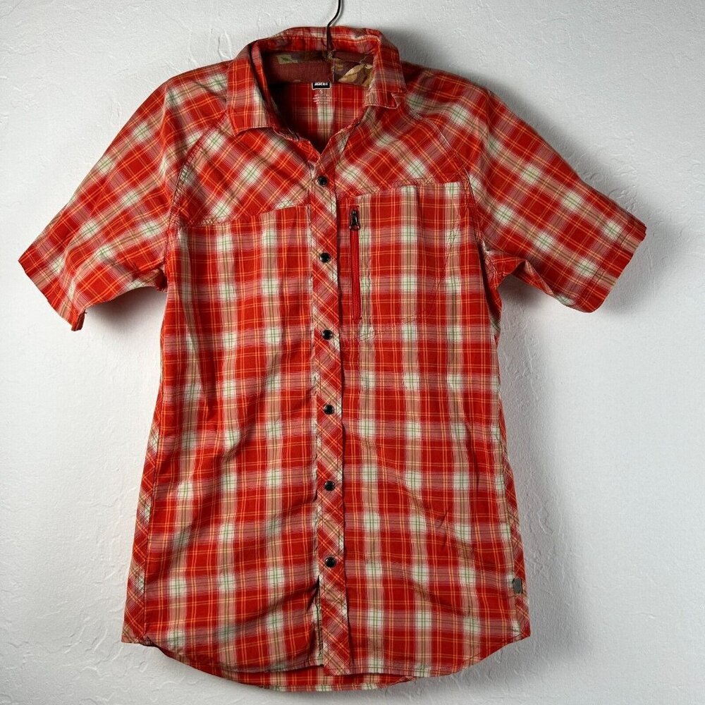 REI Mens Western Cowboy Button Down Shirt Hi-Low Small Red Plaid Short Sleeve